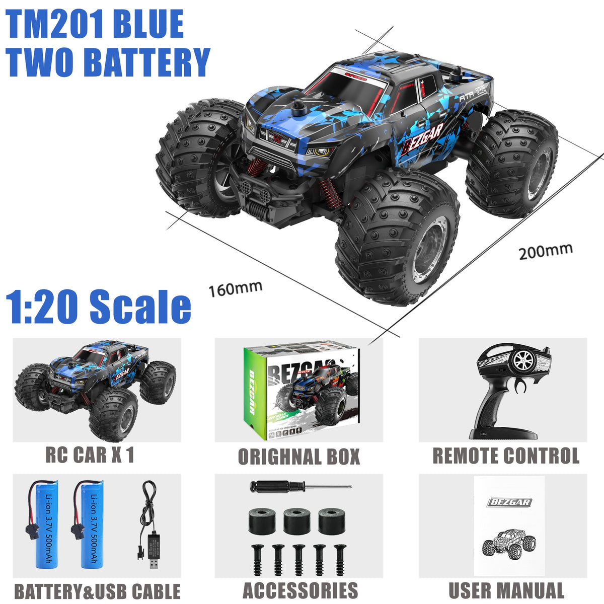 BEZGAR TM201 Remote Control Car,2.4GHz Rc Car All-Terrain 15Km/h 1:20 Off-Road Monster Truck Toy Birthday