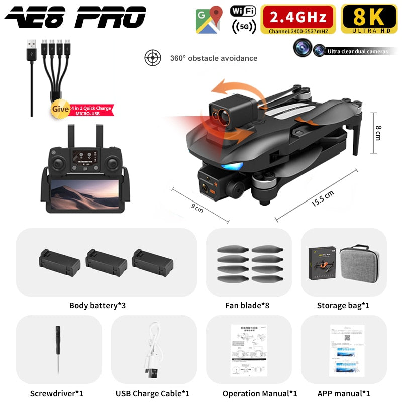 AE8 Pro Max Obstacle Avoidance Drone GPS Positioning Drone Brushless Motor Quadcopter 8K HD Aerial Photography