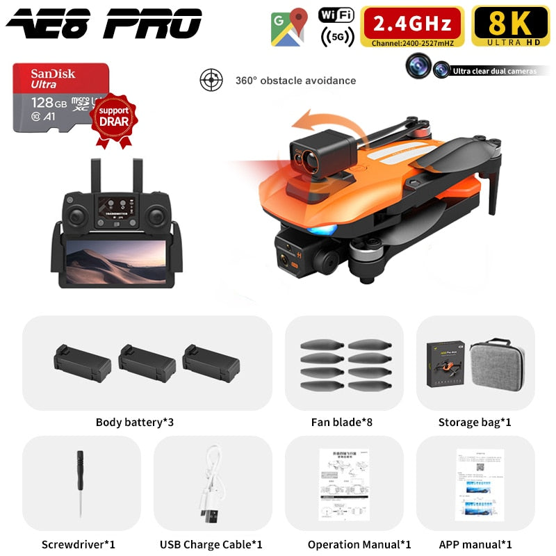 AE8 Pro Max Obstacle Avoidance Drone GPS Positioning Drone Brushless Motor Quadcopter 8K HD Aerial Photography