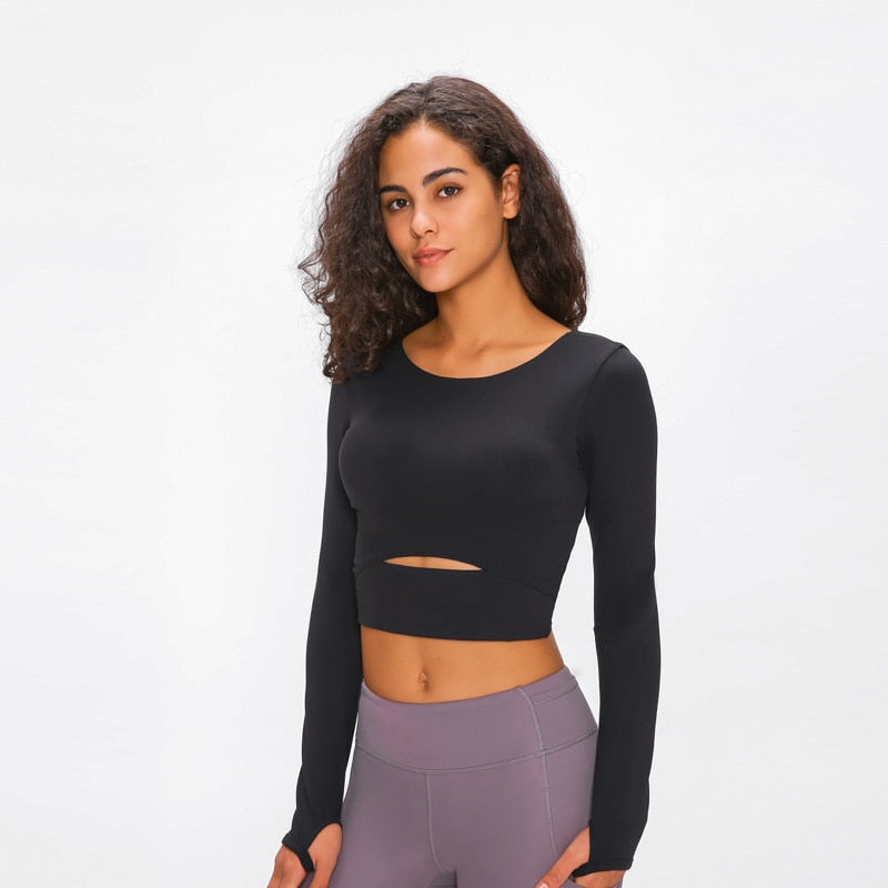 Nepoagym WIND Women Long Sleeve Cropped Top with Padded Bra Soft Yoga Top