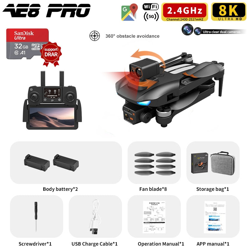 AE8 Pro Max Obstacle Avoidance Drone GPS Positioning Drone Brushless Motor Quadcopter 8K HD Aerial Photography