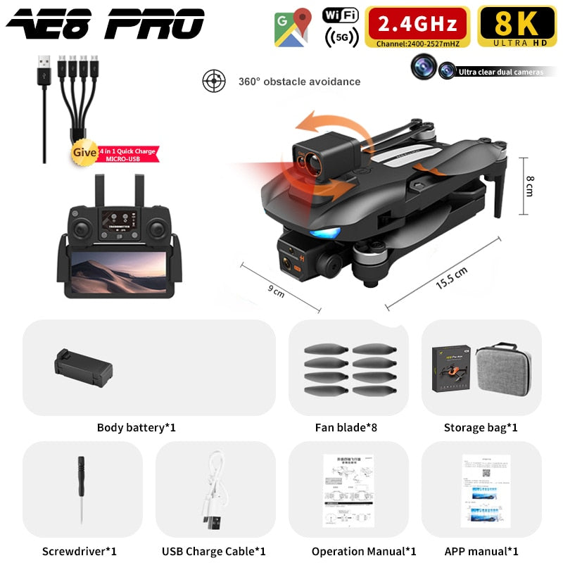 AE8 Pro Max Obstacle Avoidance Drone GPS Positioning Drone Brushless Motor Quadcopter 8K HD Aerial Photography