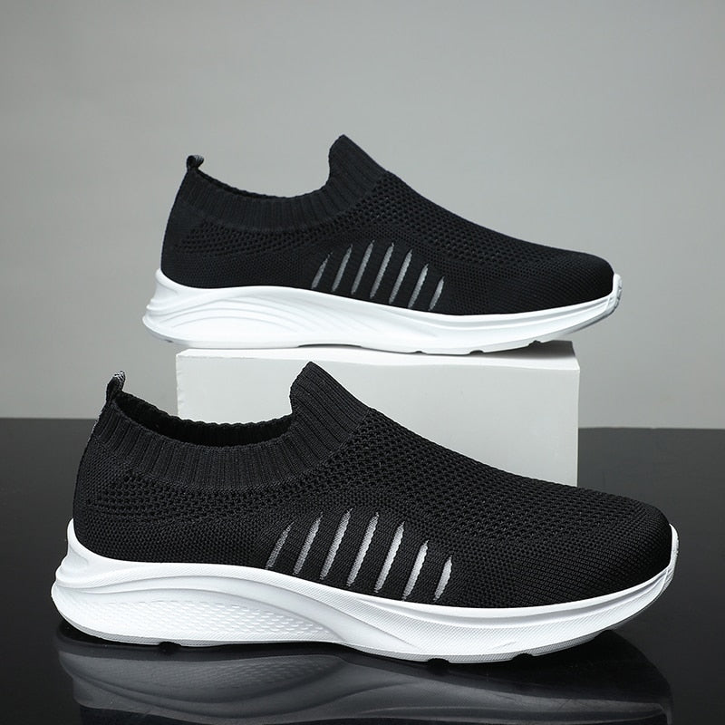 Slip-On Sneakers Men Lightweight Running Shoes Breathable Knitted Sock Shoes White