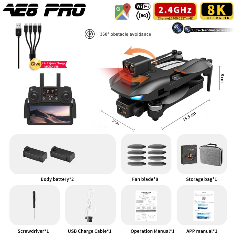 AE8 Pro Max Obstacle Avoidance Drone GPS Positioning Drone Brushless Motor Quadcopter 8K HD Aerial Photography