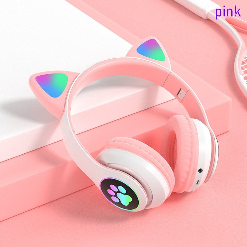 Flashing LED Cute Cat Ears Headphones Bluetooth Wireless Headset with Mic TF FM