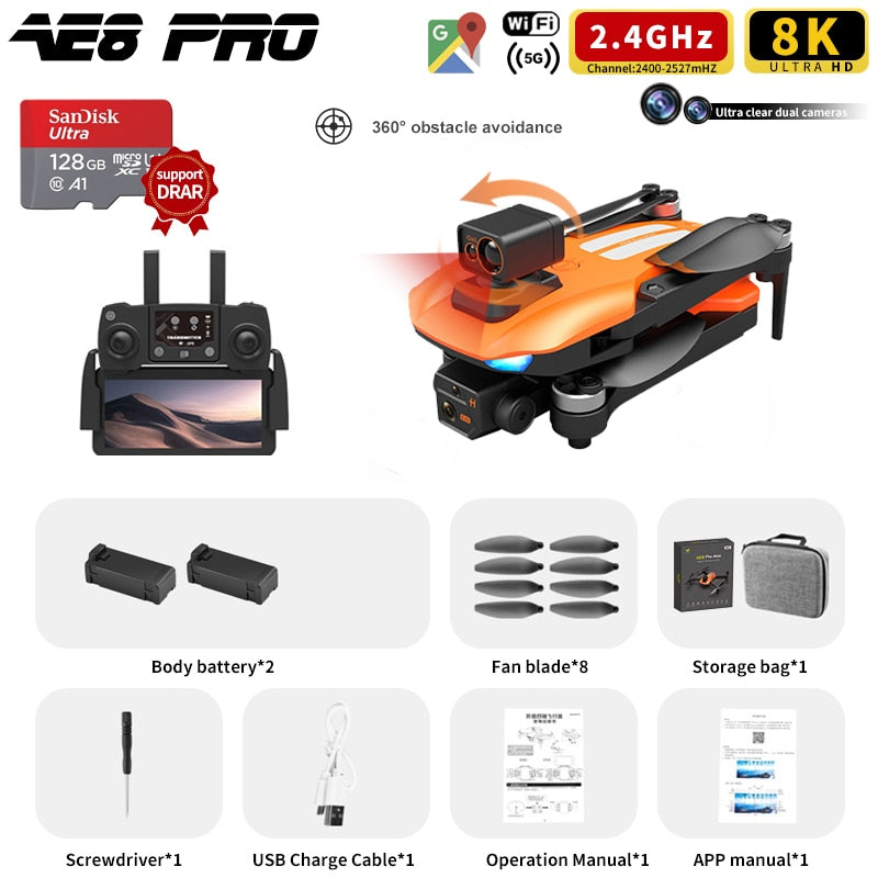 AE8 Pro Max Obstacle Avoidance Drone GPS Positioning Drone Brushless Motor Quadcopter 8K HD Aerial Photography