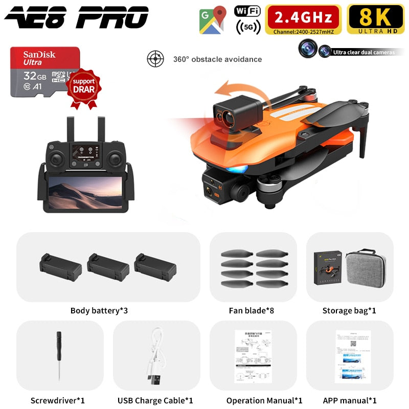 AE8 Pro Max Obstacle Avoidance Drone GPS Positioning Drone Brushless Motor Quadcopter 8K HD Aerial Photography