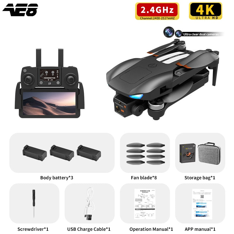 AE8 Pro Max Obstacle Avoidance Drone GPS Positioning Drone Brushless Motor Quadcopter 8K HD Aerial Photography