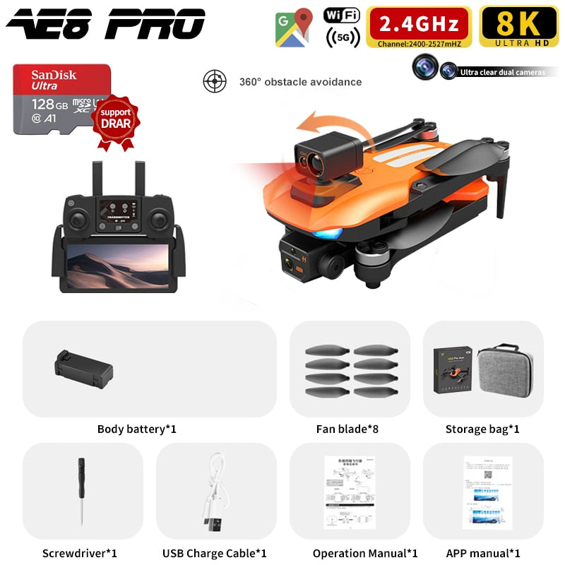 AE8 Pro Max Obstacle Avoidance Drone GPS Positioning Drone Brushless Motor Quadcopter 8K HD Aerial Photography