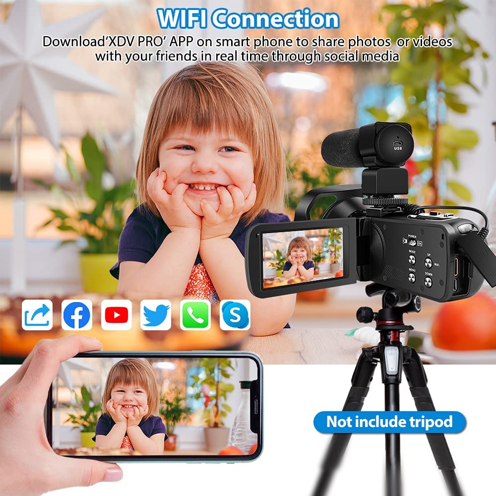 Digital Video Camera with Microphone Professional 4K Camcorder for Live Stream WiFi Vision 48MP Photography