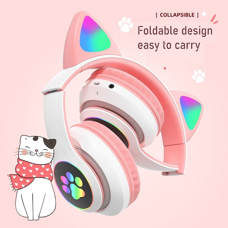 Flashing LED Cute Cat Ears Headphones Bluetooth Wireless Headset with Mic TF FM