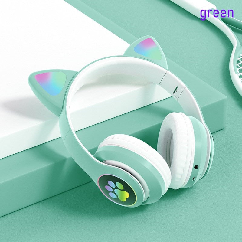 Flashing LED Cute Cat Ears Headphones Bluetooth Wireless Headset with Mic TF FM