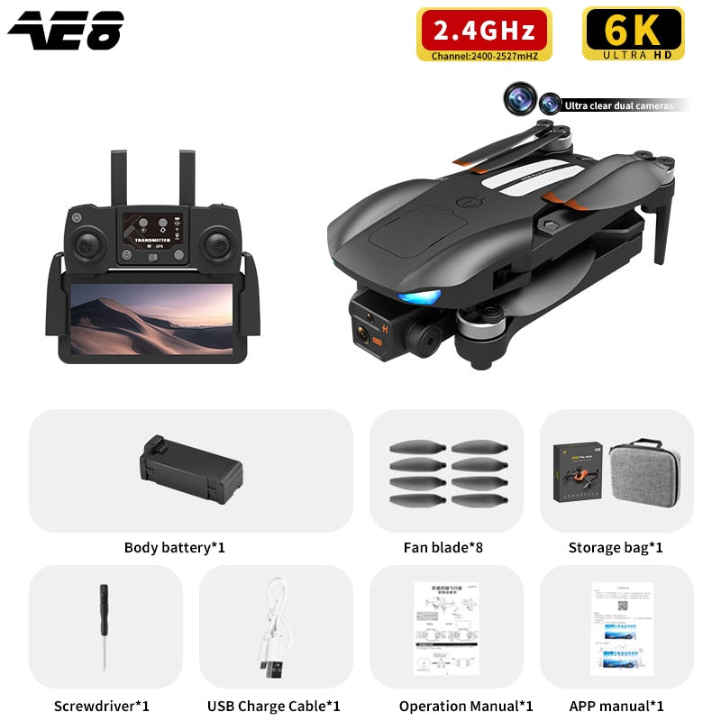 AE8 Pro Max Obstacle Avoidance Drone GPS Positioning Drone Brushless Motor Quadcopter 8K HD Aerial Photography