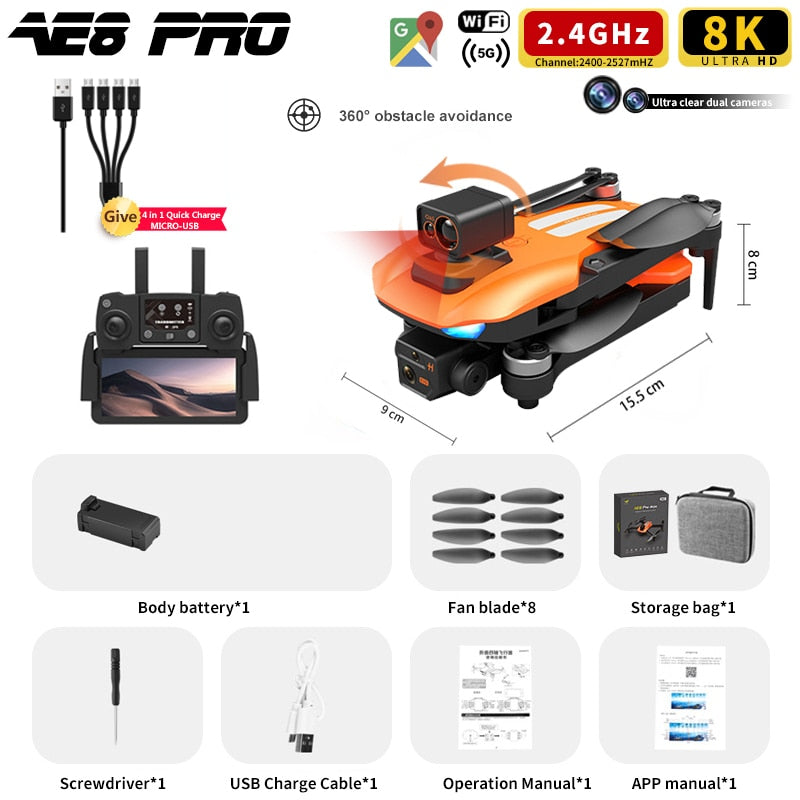 AE8 Pro Max Obstacle Avoidance Drone GPS Positioning Drone Brushless Motor Quadcopter 8K HD Aerial Photography