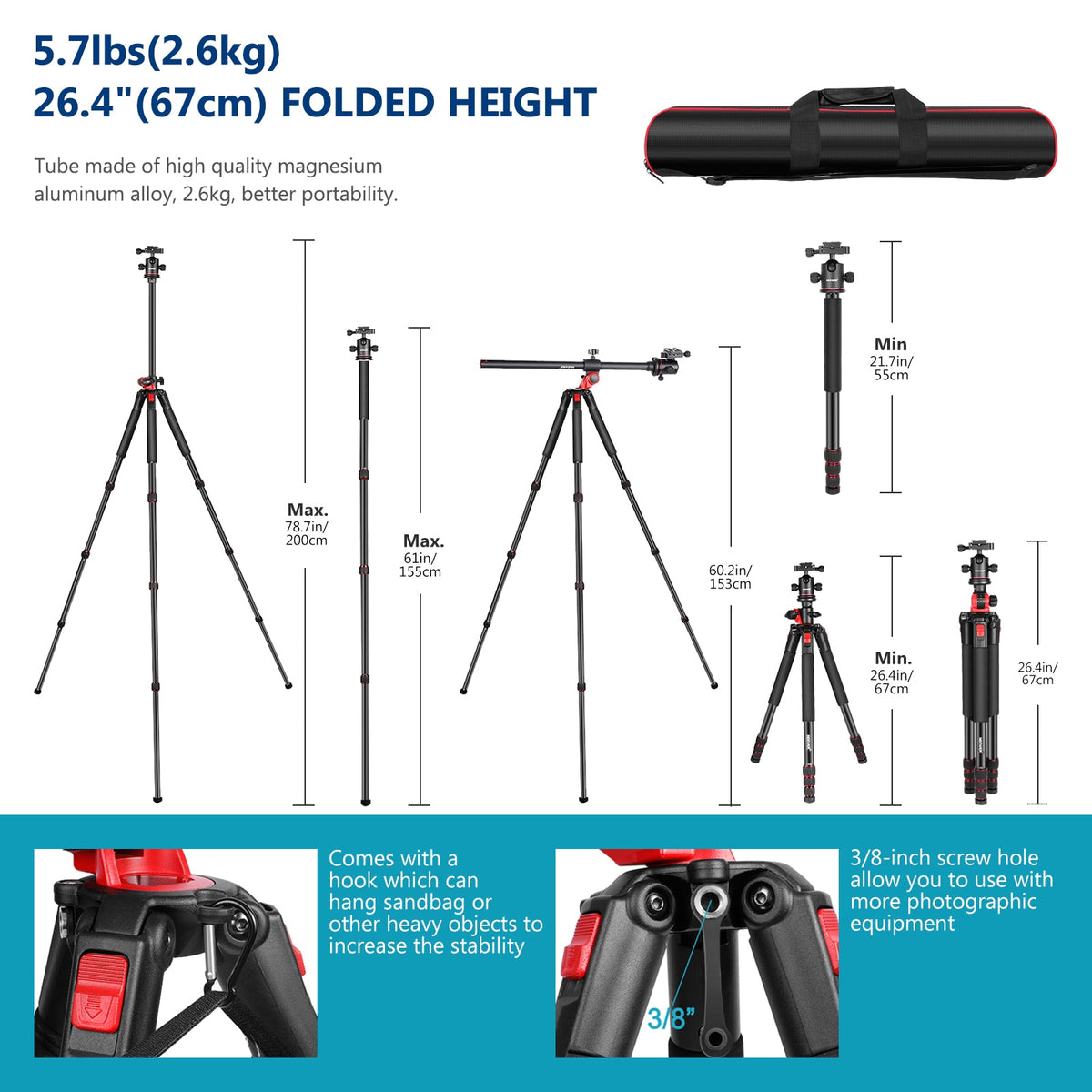 Neewer 184cm Aluminum Camera Tripod Monopod, 360 Degree Rotatable Center Column