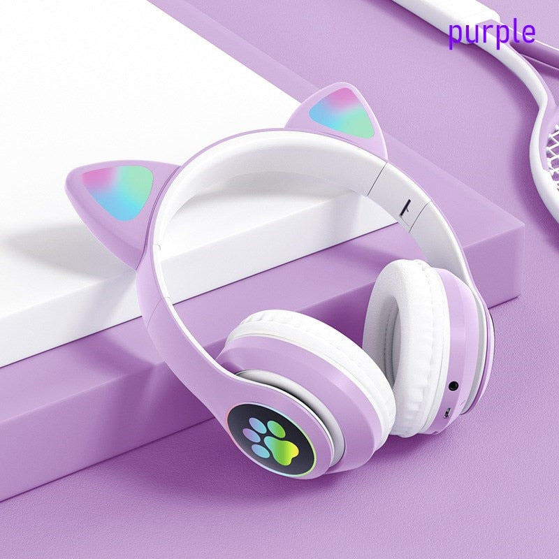 Flashing LED Cute Cat Ears Headphones Bluetooth Wireless Headset with Mic TF FM