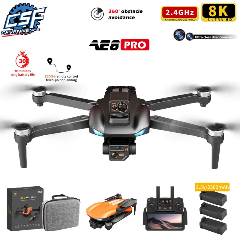 AE8 Pro Max Obstacle Avoidance Drone GPS Positioning Drone Brushless Motor Quadcopter 8K HD Aerial Photography