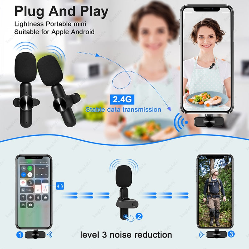 Wireless Lavalier Microphone Portable Mini Mic Noise Reduction Audio Video Recording