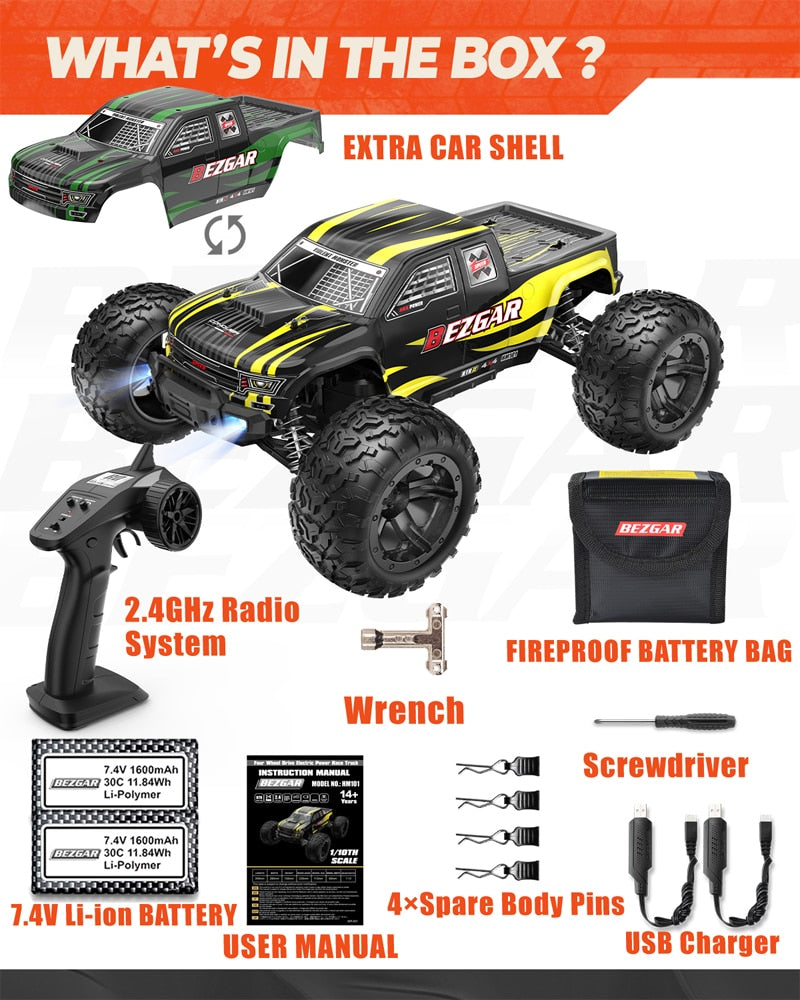 BEZGAR HM101 Hobby RC Car 1:10 All-Terrain 50Km/h Off-Road 4WD Remote Control Monster Truck Crawler 4x4