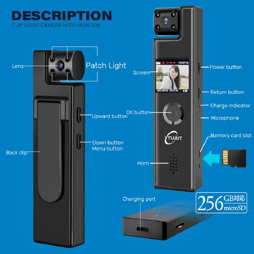 Body Camera Mini Digital Camera HD Screen Night Vision Motion Detection Snapshot Loop