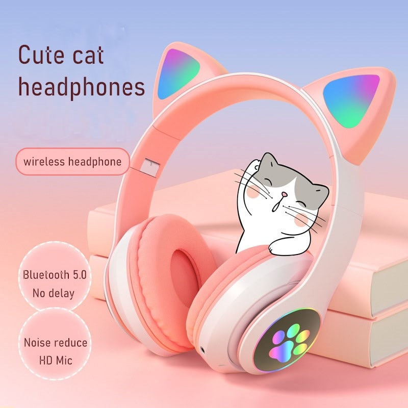 Flashing LED Cute Cat Ears Headphones Bluetooth Wireless Headset with Mic TF FM