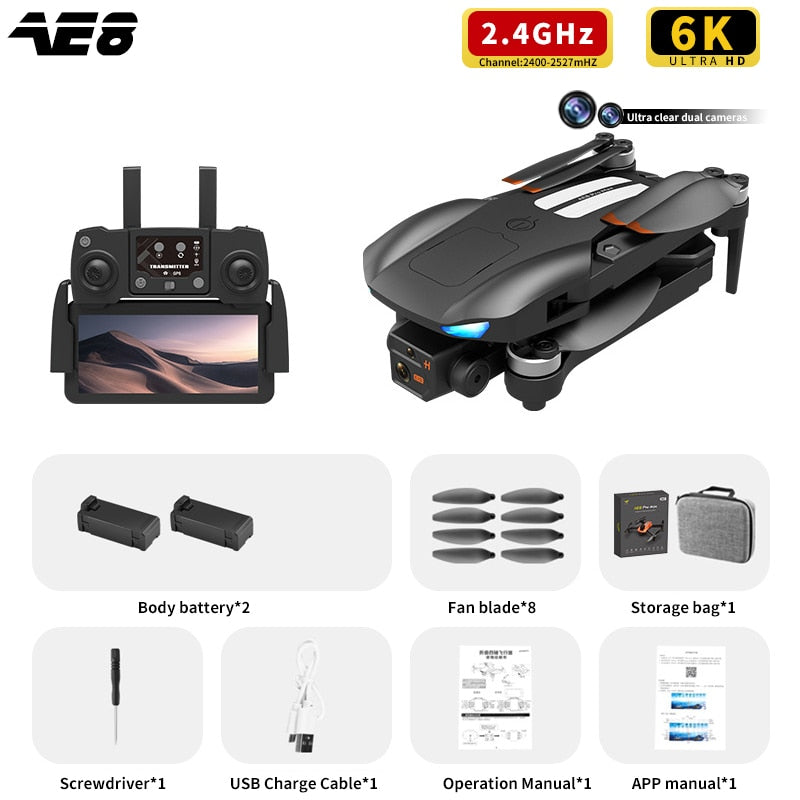 AE8 Pro Max Obstacle Avoidance Drone GPS Positioning Drone Brushless Motor Quadcopter 8K HD Aerial Photography