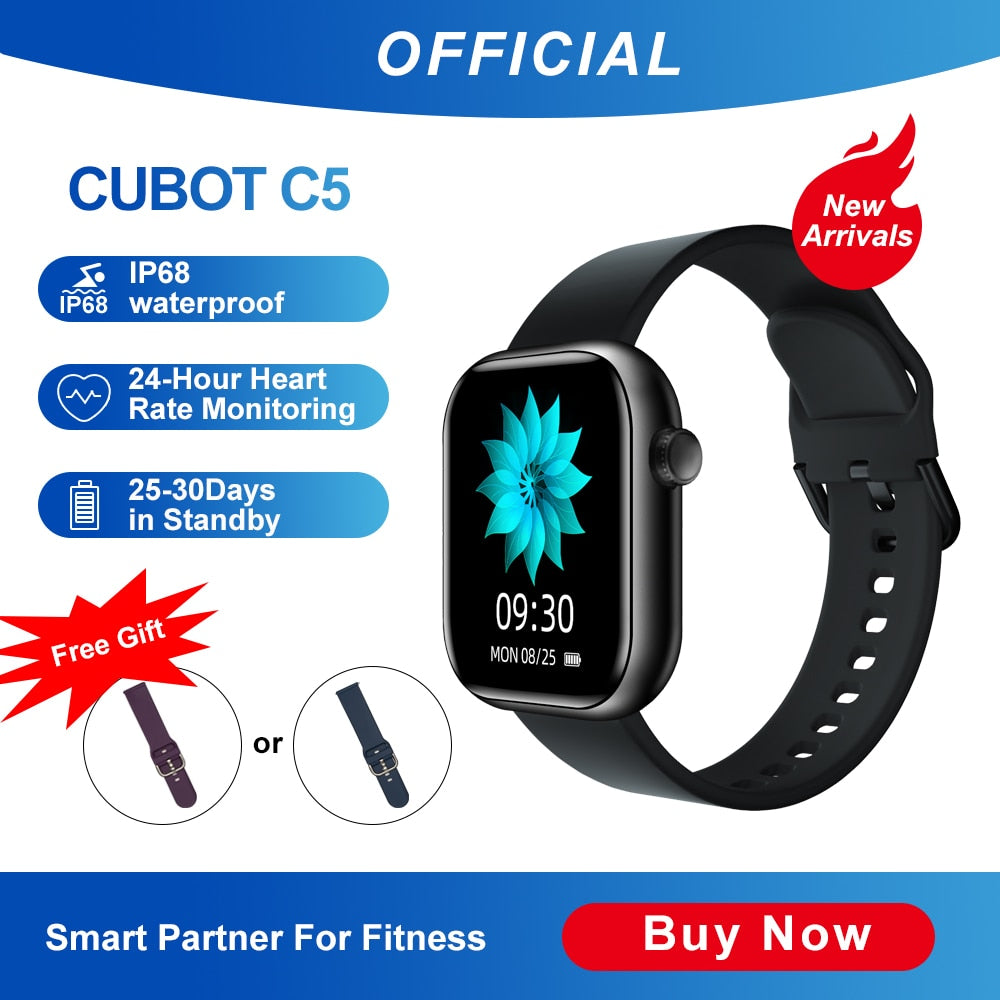 Cubot C5 5ATM Waterproof SmartWatch Heart Rate Calorie Monitor Touch Fitness Tracker Sport