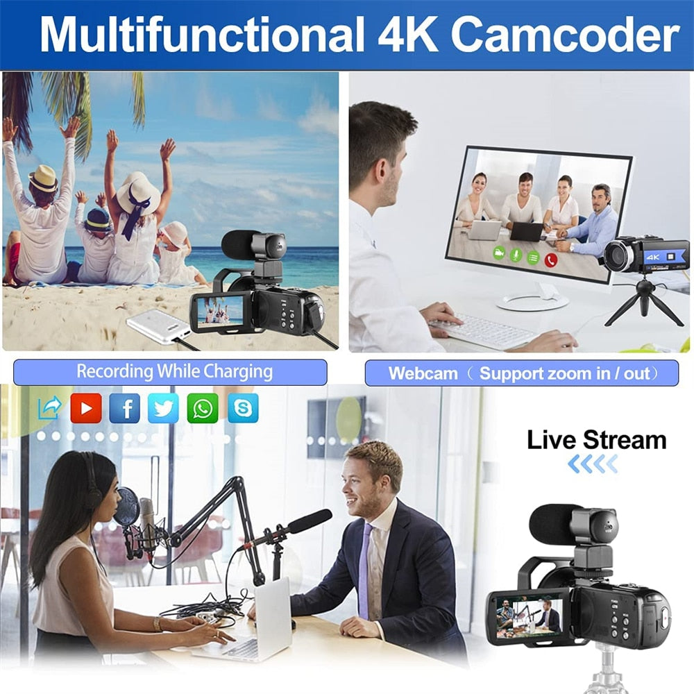 Professional Video Camera Wide Angle 4K Camcorder For Live Stream Youtube Webcam