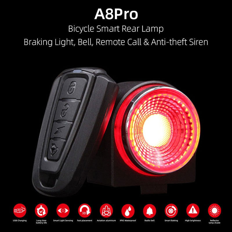 Bicycle Rear Lamp Braking Light Anti-theft Alarm Remote Call Wireless Control LED Lantern