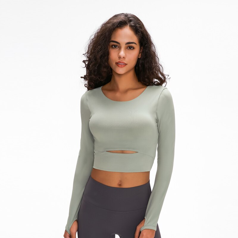 Nepoagym WIND Women Long Sleeve Cropped Top with Padded Bra Soft Yoga Top