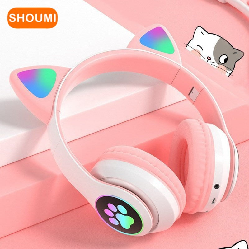 Flashing LED Cute Cat Ears Headphones Bluetooth Wireless Headset with Mic TF FM