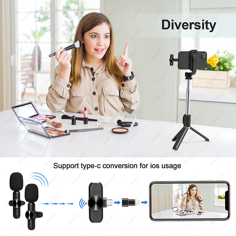 Wireless Lavalier Microphone Portable Mini Mic Noise Reduction Audio Video Recording