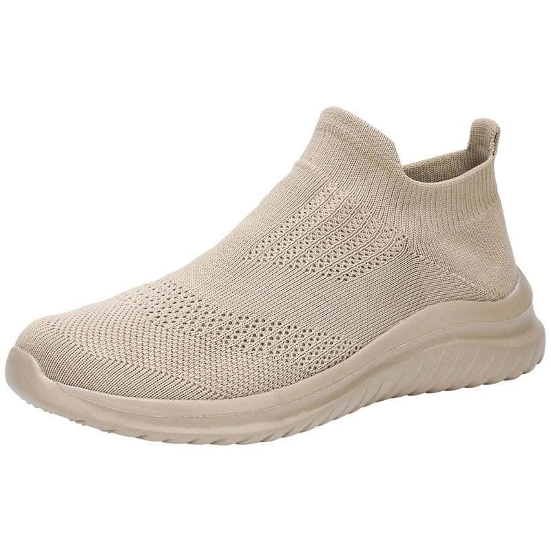 Slip-On Sneakers Men Lightweight Running Shoes Breathable Knitted Sock Shoes White